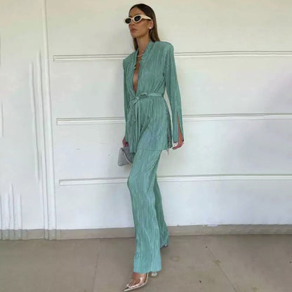 2022 Early Autumn Women Clothing Suit Matching Split Sleeve Lace up Shirt Pleated Pants Two Piece Set