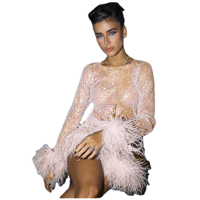 2023 fashion trends, glitter outfit, crop top skirt outfit with feather and rhinestone glitter , shimmery dress, tgc fashion