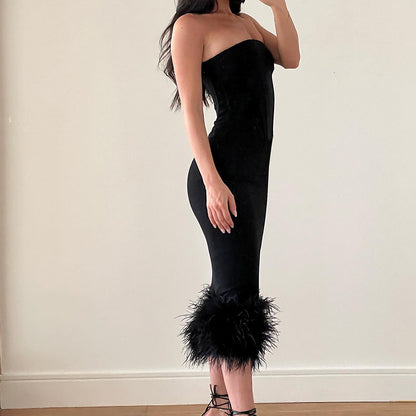 Elegant Dresses |Tube Top Corset Feathers Little Black Dress.