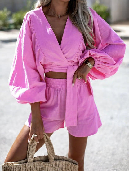 Casual Outfits | Cotton Crop Top & Shorts Pink Outfit 2-piece Set