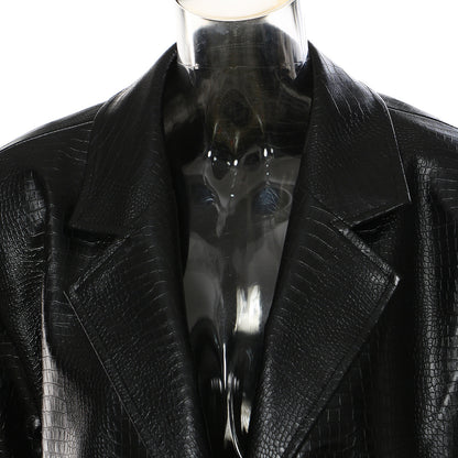 Leather Outfits | Black Leather Croco Overcoat Trench Coat Blazer