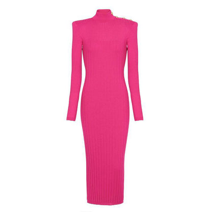 Spring Outfits | Cotton Jersey Turtleneck Hot Pink Dress