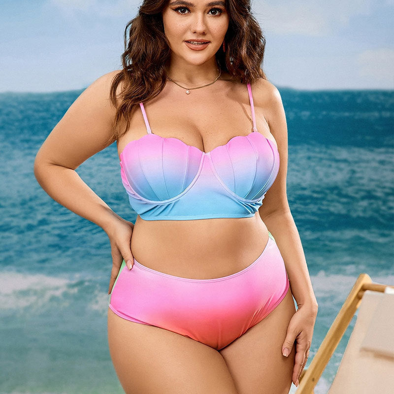 Plus Size Summer Outfits 2023 | Ombre Pink Mermaid High Waist Bikini 2-piece Set