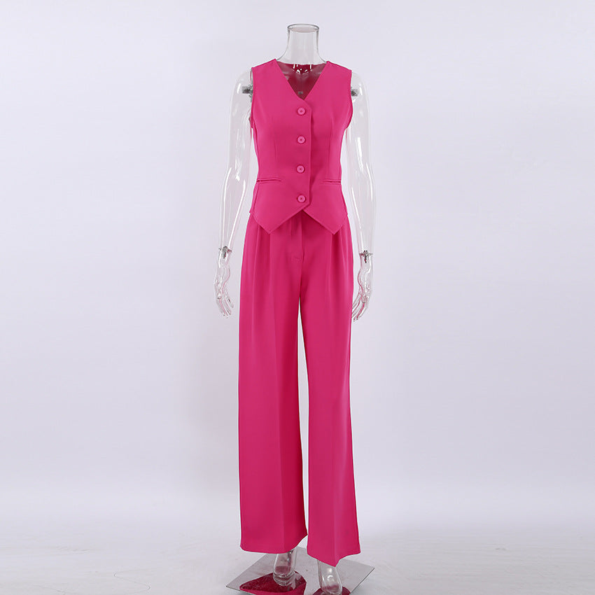 Summer Outfits | Hot Pink Vest Wide Leg Trousers Outfits 2-piece Set