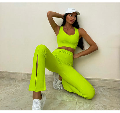 Gym Outfits 2023 | Neon Yellow Wide Shoulder Strap Sport Bra Crop Top Split Flared Leggins 2-piece outfit