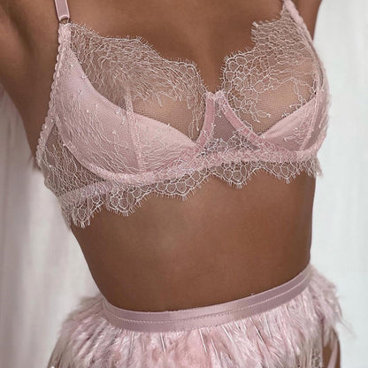 Valentines Lingerie Outfits | Pink Lace Feathers Lingerie Outfit 5-piece Set