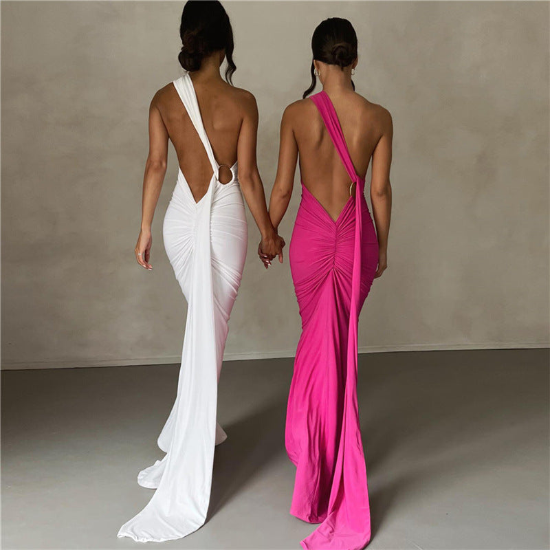 Summer Dresses 2023 | Hot Pink Backless Halter One Shoulder Dress
