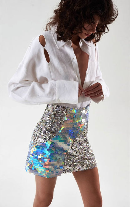 Silver Aesthetic Outfit | Holographic Silver Sequined Mini Skirt