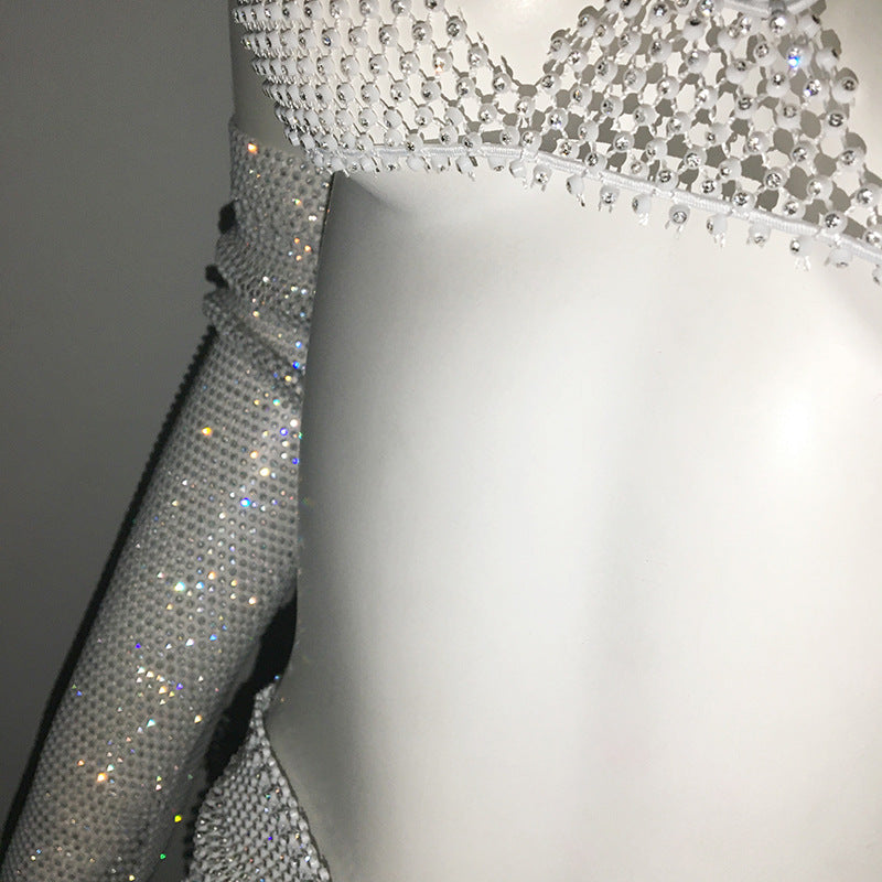 NYE Outfits 2024 | Glitter Rhinestone triangle top Arm Sleeve Mini Skirt Outfit 3-piece Set