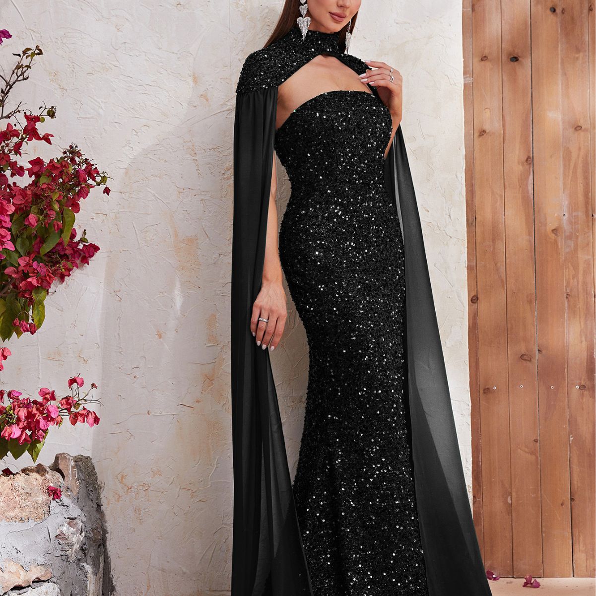 Elegant Dresses | Black Fishtail Sequined Cape Homecoming Dress