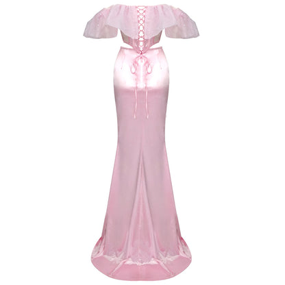 Evening Gowns | Pink Silver Organza See Through Corset Crop Top Vest Skirt Outfit 2 Piece Set