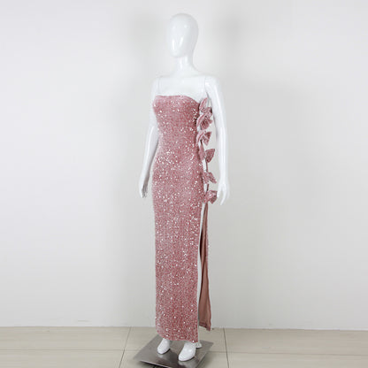 Winter Formal Dresses | Pink Glitter Sequin Bows Dress