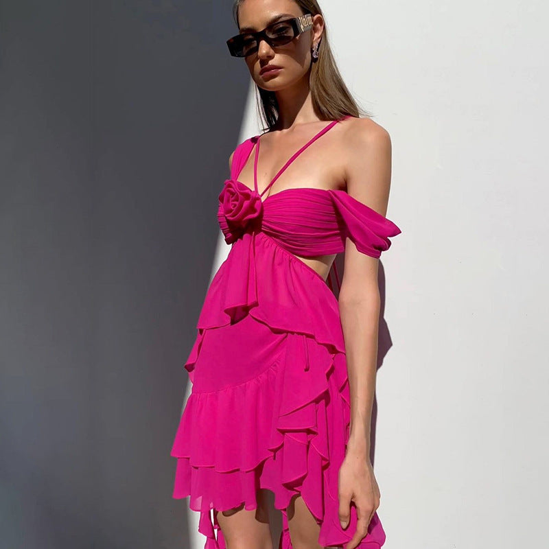 Summer Dresses | Hot Pink Summer Cutout Asymmetric 3D Floral Mini Dress