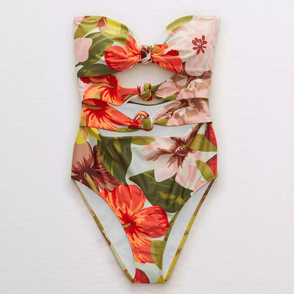 Summer Outfits 2023 | One-Piece Swimsuit Tube Top Tied Floral Summer Outfit 2-piece set