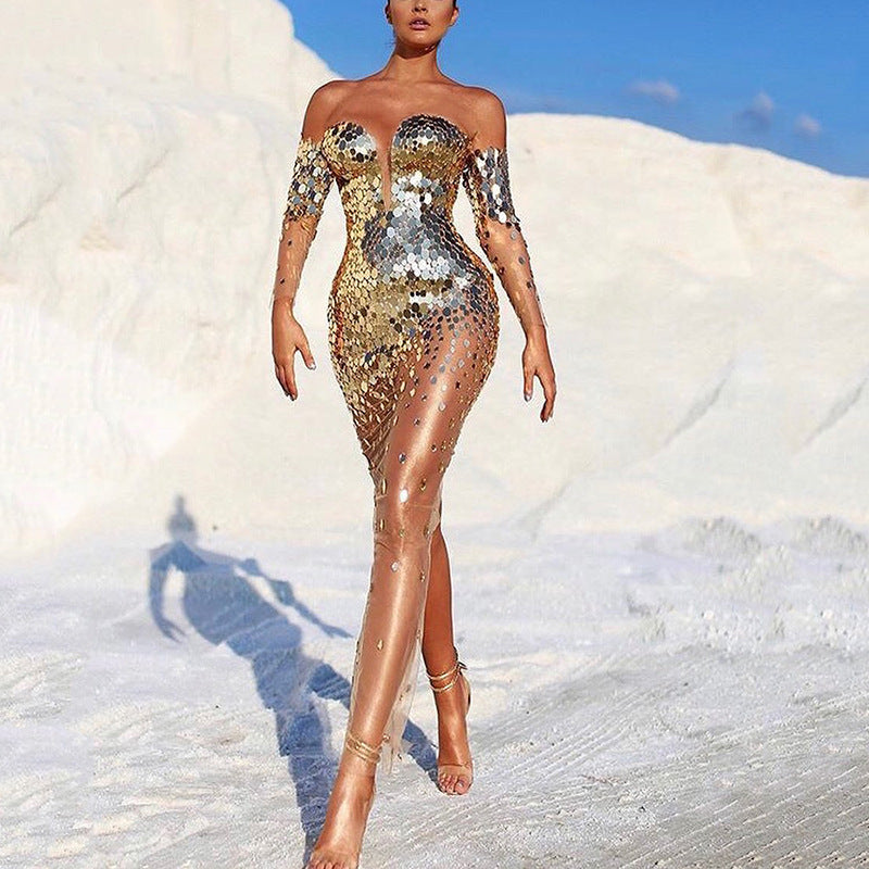 NYE Dresses | Gold Sequined off Shoulder See through Long Fancy Dress TGC FASHION NYE Dresses | Gold Sequined off Shoulder See through Long Fancy Dress TGC FASHION