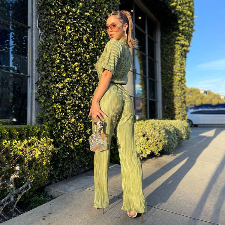 Spring Outfits 2022 | Green Aesthetic Vintage Pleated Shirt Pants 2-piece Set