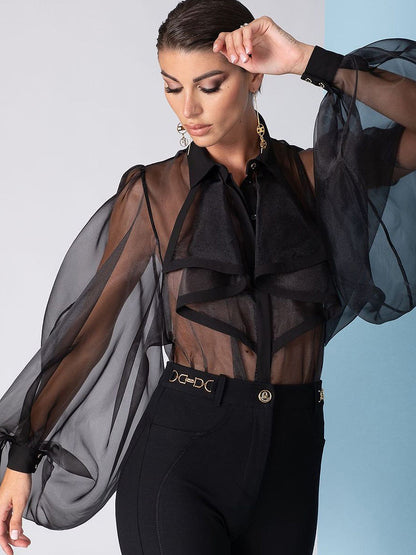 Blouse Designs | See Through Ruffles Sleeves Bodysuit Blouse