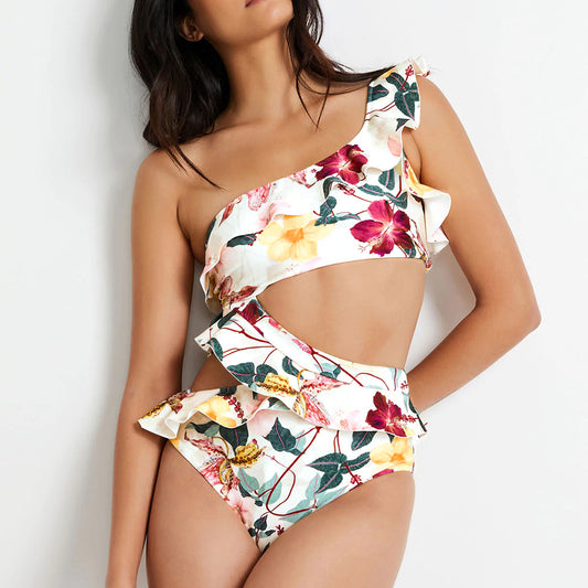 Spring Outfits 2023 | White Floral Ruffles One Shoulder Cut Out One-Piece Swimsuit.