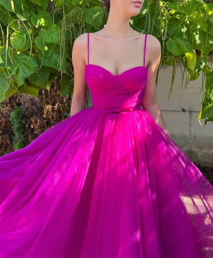 Hot Pink Prom Dresses | Hot Pink Chiffon Midi Prom Dress