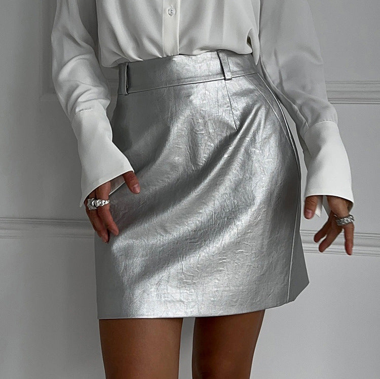 2024 Fashion Trends | Silver Metallic Faux Leather Skirt