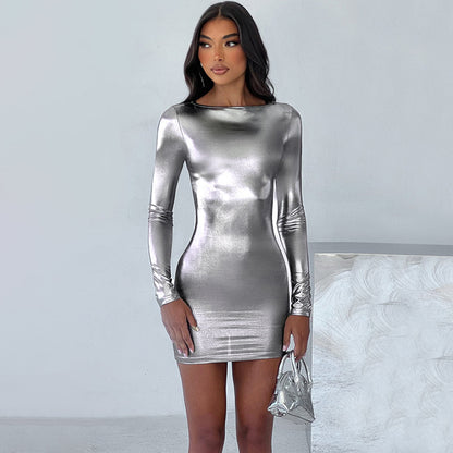 Short Silver Dresses |  y2k silver shortie long sleeve mini dress,