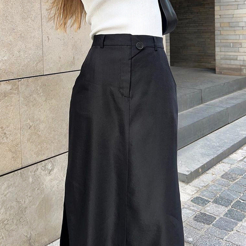 Summer Outfits | Black Cotton Silk Split High Waist Skirt