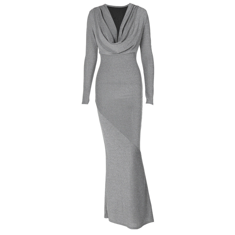 Long Dress Outfit | Deep V Elegant Gray Maxi Dress