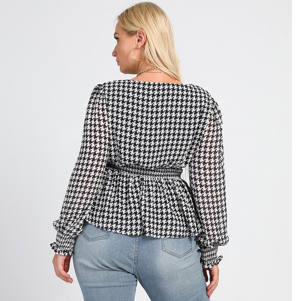 2023 Curvy Fashion | Black and White Houndstooth Blouse