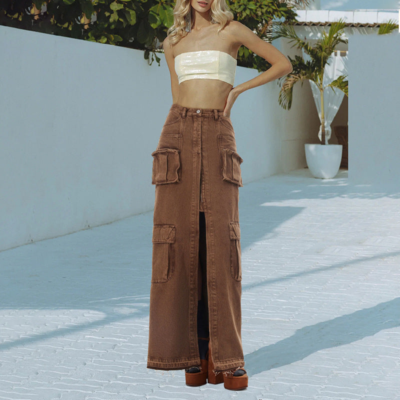 2023 Fashion Trends | Long Dark Denim Slit Skirt