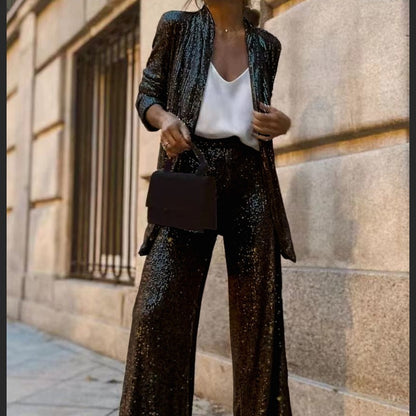 2024 Metallic Outfits | Glitter Sequin Blazer Wide Leg Pants Outfit