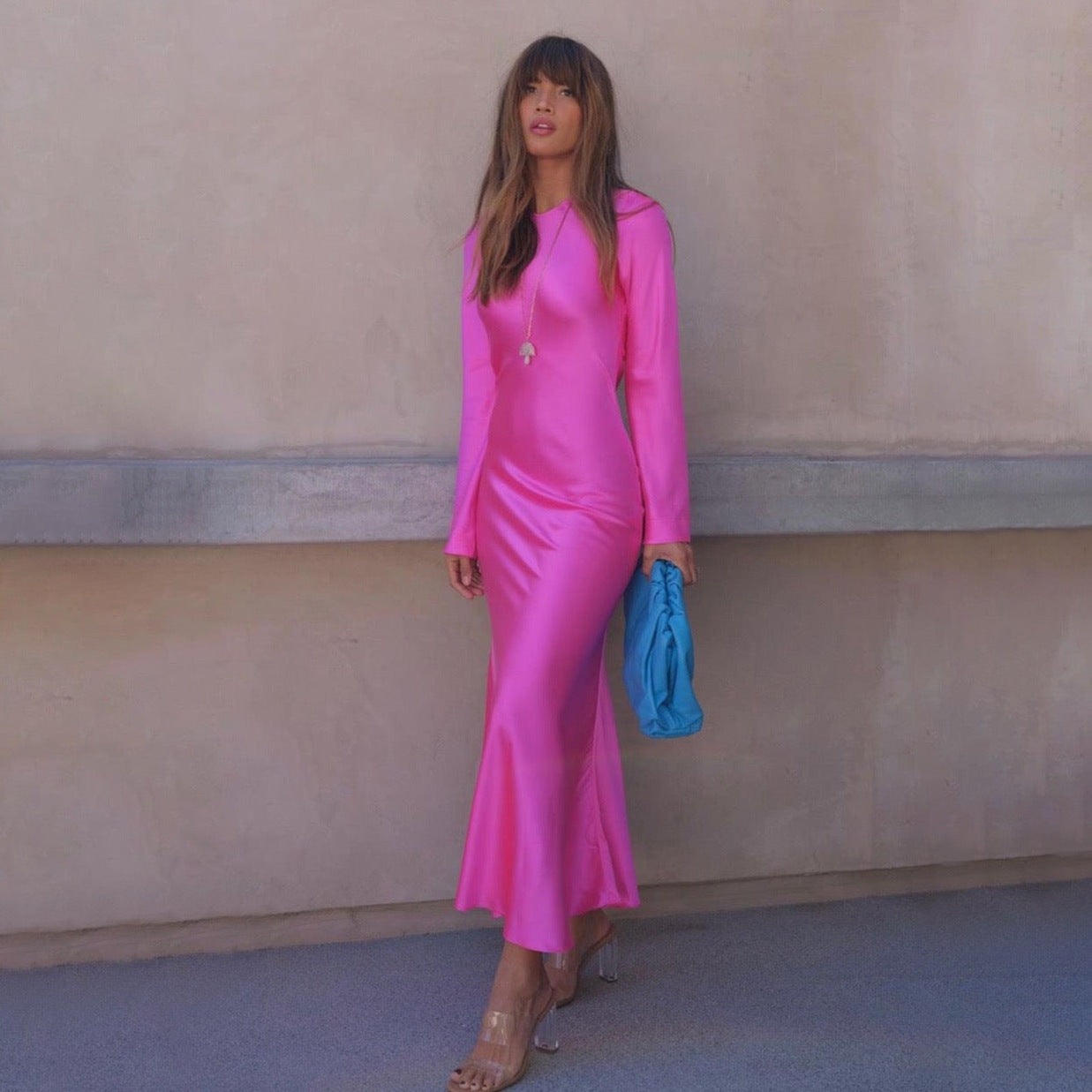 Elegant Dresses | Long Sleeve Pink Maxi Dress