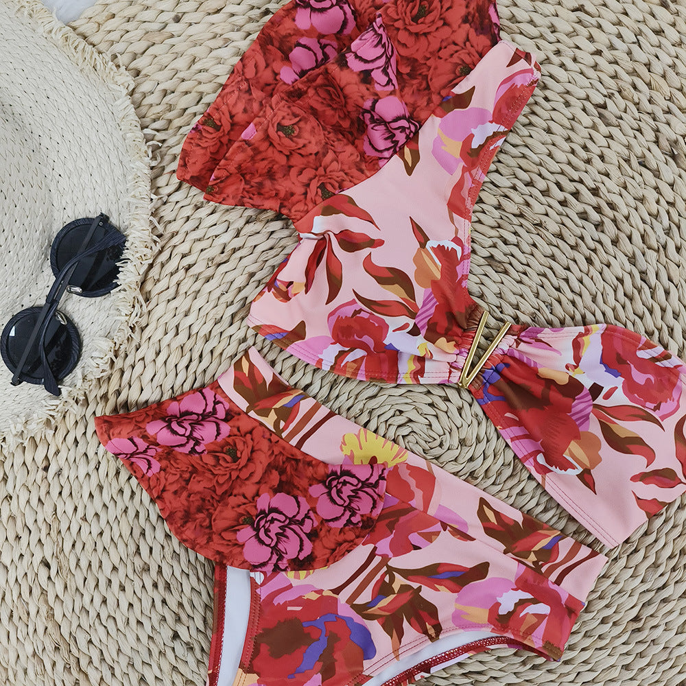 Vacation Outfits | Red and Pink Floral One Shoulder Bikini