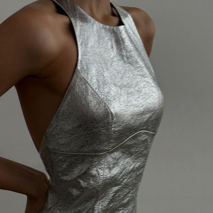Fashion Trends 2023 | Backless Metallic Silver Faux Leather Mini Dress