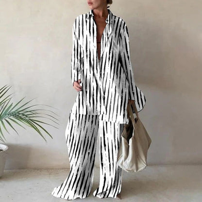 Fall Outfits | Black & white contrast Abstract Wide Leg Pants Outfits 2 -piece set