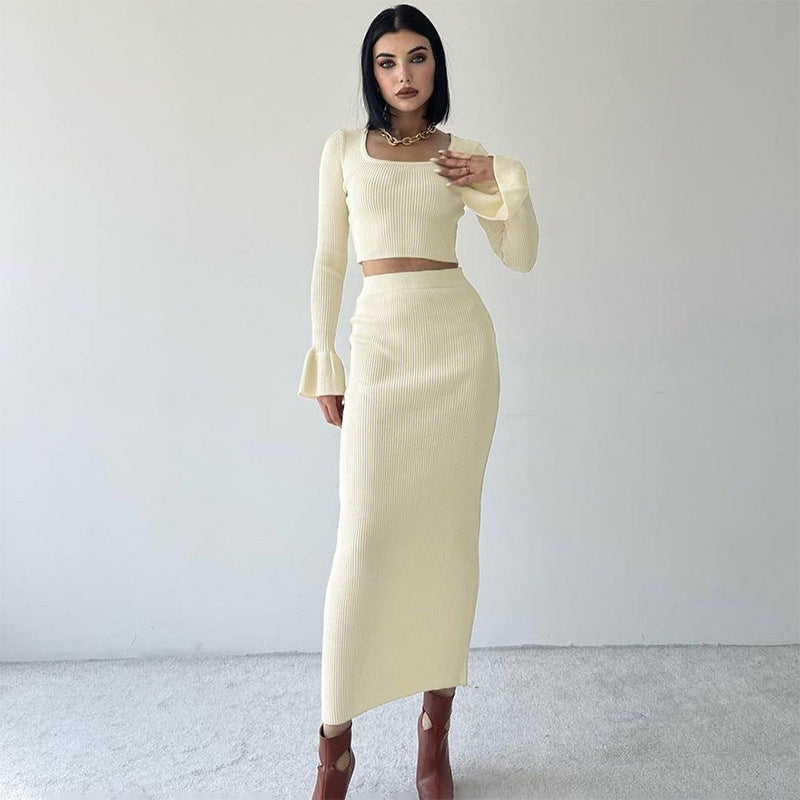 Fall Fits | Knitted Flared Long Sleeve Crop Top Skirt Outfit 2-piece Set