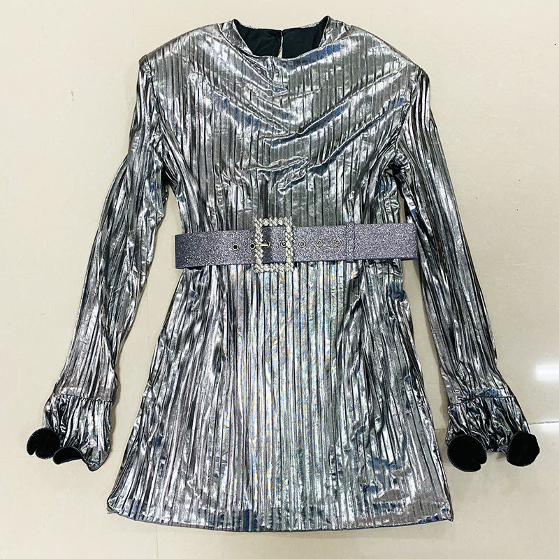 NYE Outfits 2024 | Silver Chrome and Gold Long Sleeve Pleated Mini Dress with Belt