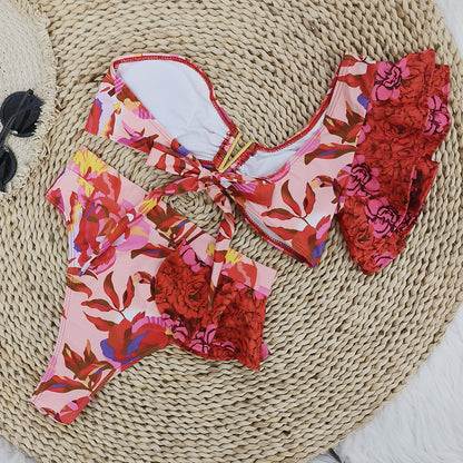 Vacation Outfits | Red and Pink Floral One Shoulder Bikini