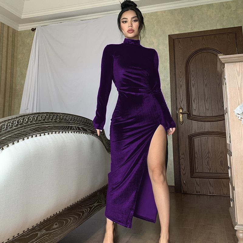 Fall Dresses | Black Aesthetic Turtleneck Split Maxi Dress S / Purple Fall Dresses | Black Aesthetic Turtleneck Split Maxi Dress S / Purple