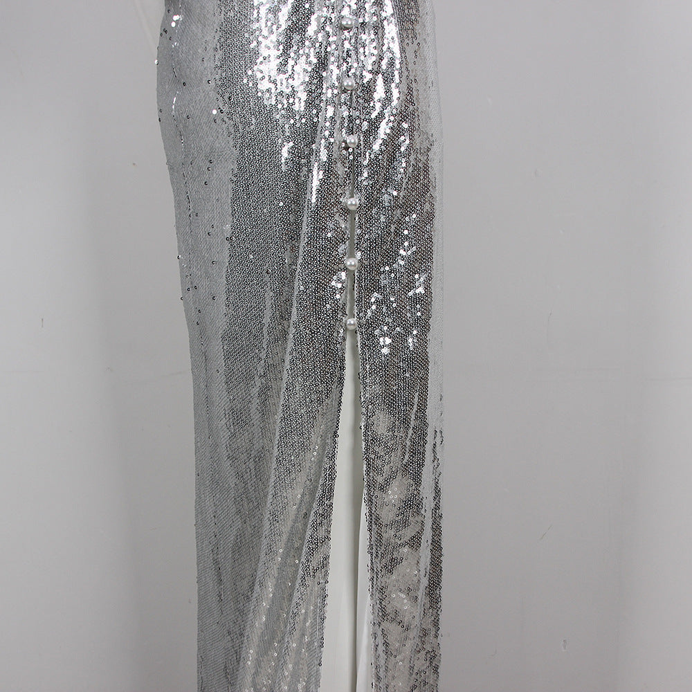 Nye Outfits 2024 | 3D Floral Silver Sequin Split Backless Dress S / Silver Nye Outfits 2024 | 3D Floral Silver Sequin Split Backless Dress S / Silver