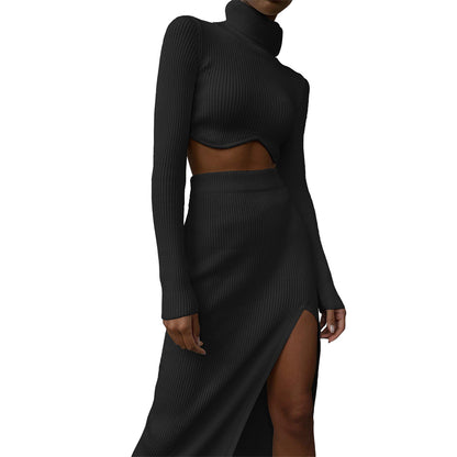 Fall Outfits | Jersey Turtleneck Crop Top Sweater Skirt Outfit 2-piece Set