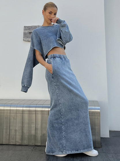 Spring Outfits | Chic Denim Crop Top Cotton Sweatshirt High Waist Skirt Outfit 2-piece Set