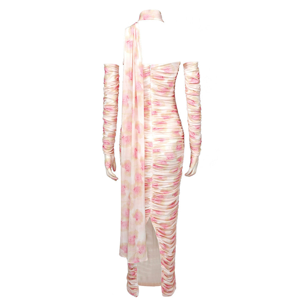 Elegant Summer Dresses | Summer Pink Opera Gloves Pleated Tube Top Halter Scarf Dress