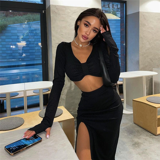 Winter Outfits | Black Aesthetic Long Sleeve Crop Top Skirt Outfit 2-piece Set
