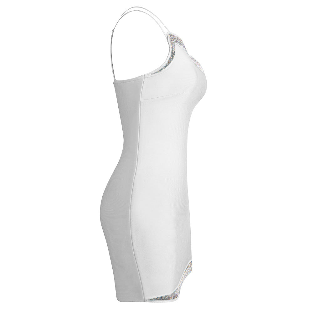 Summer Dresses 2023 | Neon Yellow One-Shoulder Silver Rhinestone Backless Mini Dress