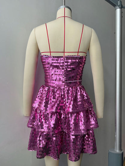 2024 Fashion Trends | Metallic Hot Pink Bows Sequin Cut Out Ruffles Mini Prom Dress