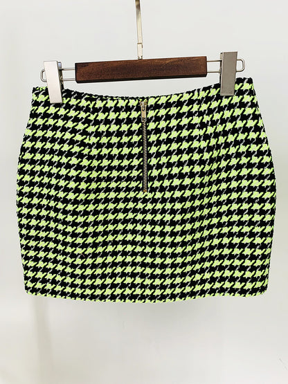 Fashion Outfits | Neon Yellow Houndstooth Blazer Mini Skirt Outfit 2-piece set