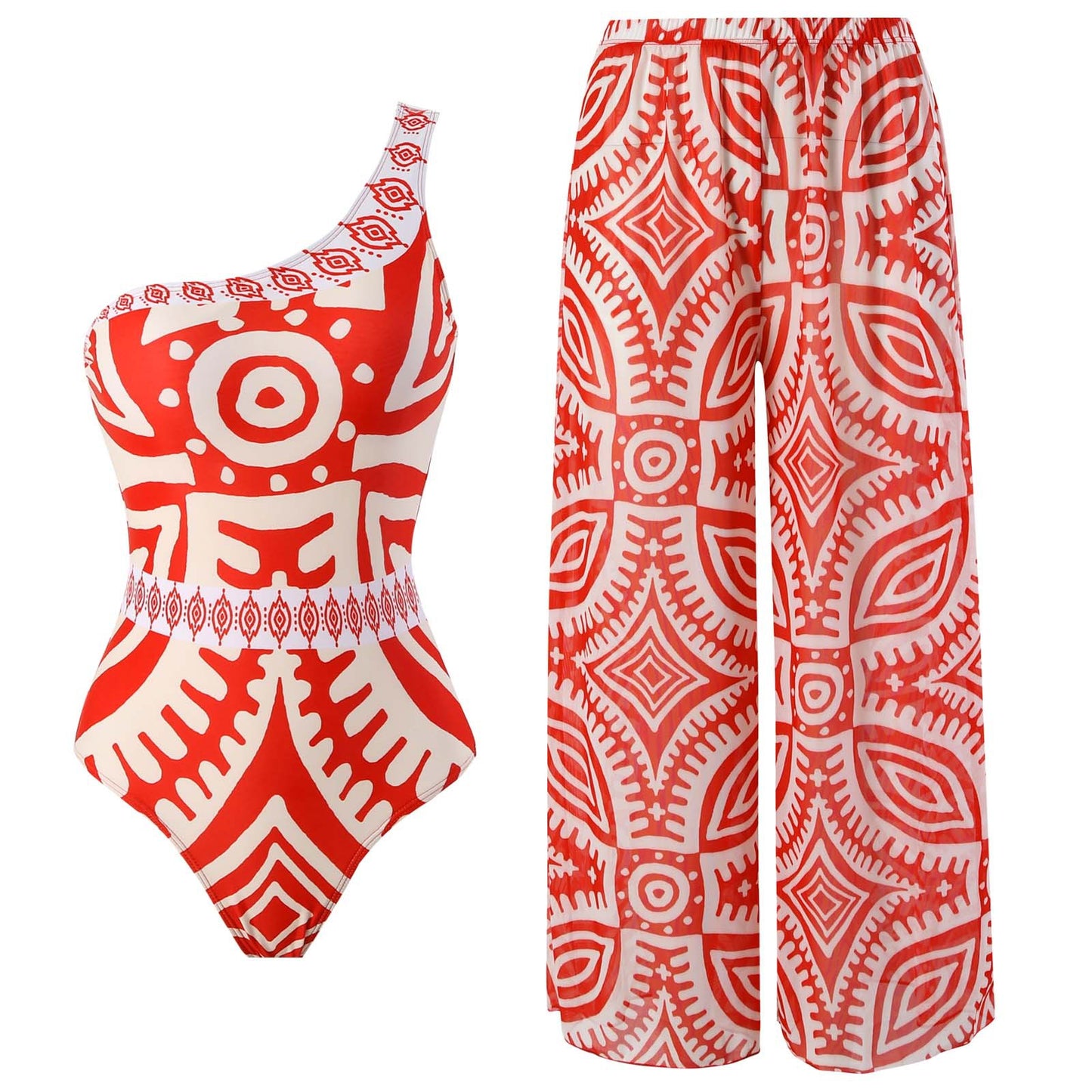 Summer Outfits | Red Pattern One Shoulder One Piece Swimsuit Pants Outfit