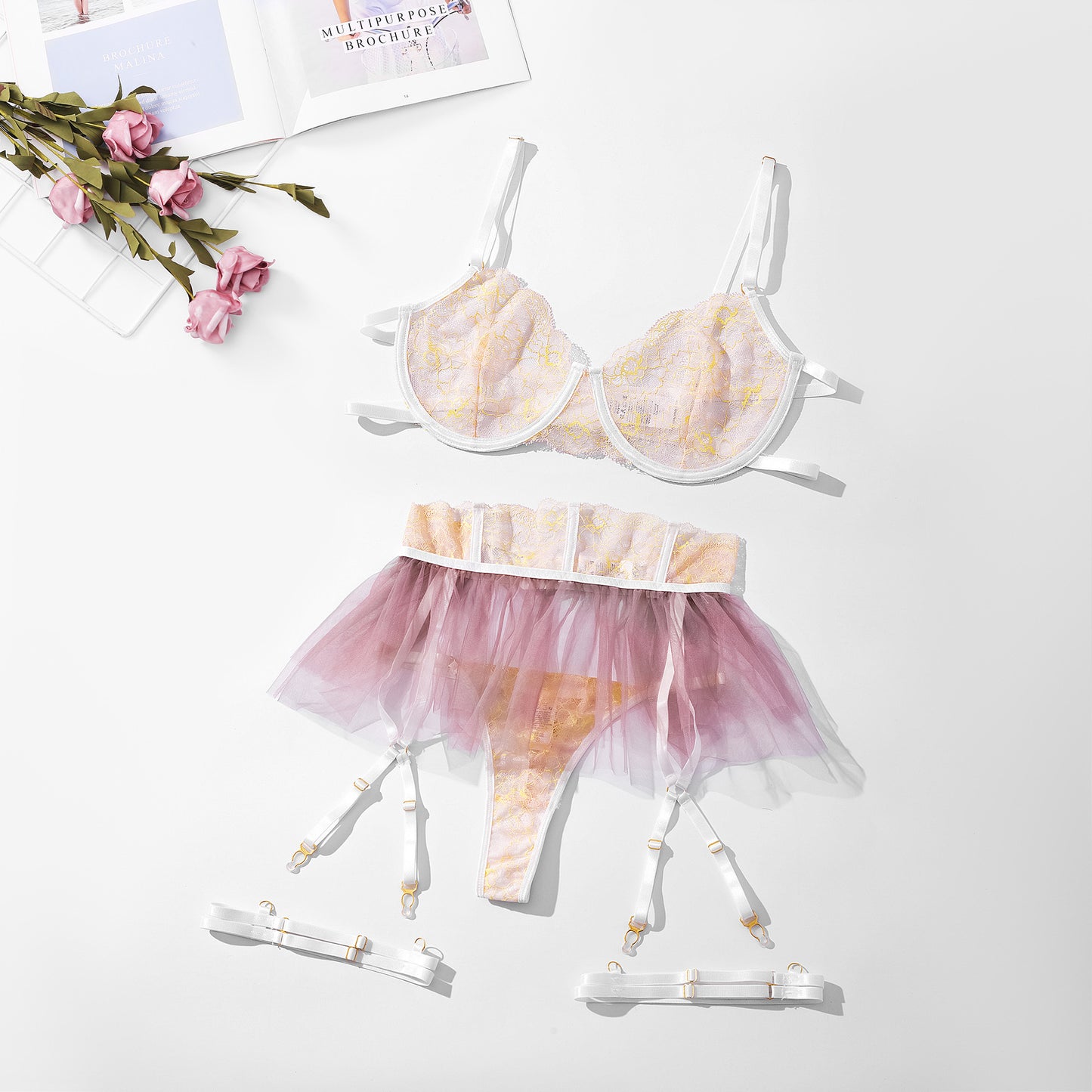 Lingerie Outfits 2023 | Sweet and Delicate Tulle Skirt Lingerie Outfit 3-piece Set