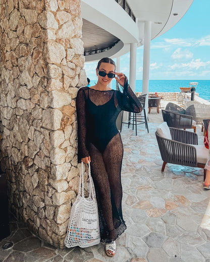 Summer Outfits | Black See Through Backless Slim Fit Comfortable Cotton Beach Cover Up Maxi Dress