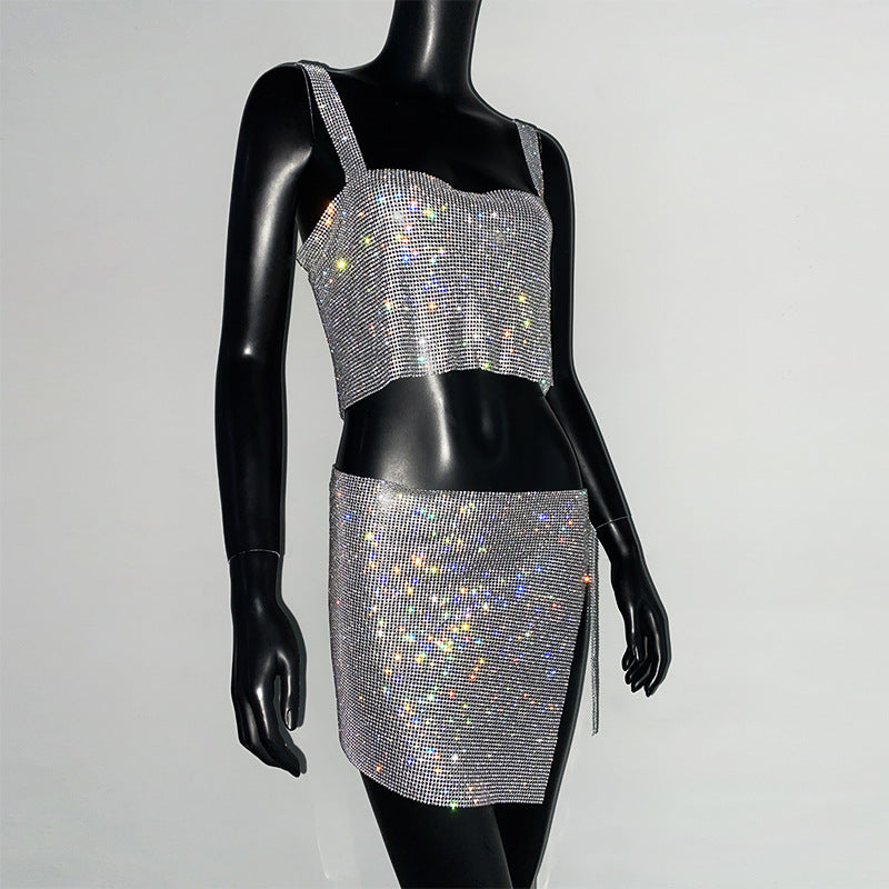 Glitter Diamond Rhinestone Crop Top Mini Skirt Outfit 2-piece Set